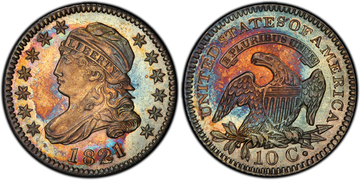 1821 Capped Bust Dime. JR-6. Large Date. MS-64+ (PCGS).